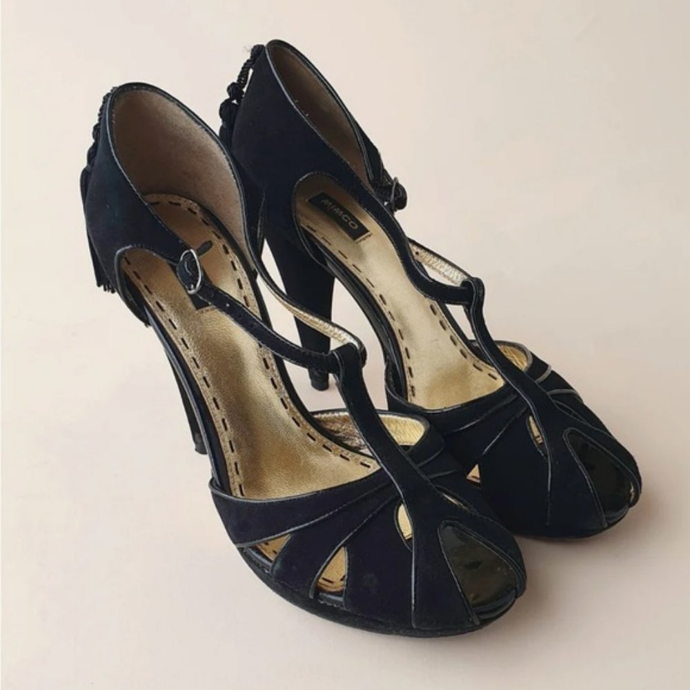 MIMCO Suede Leather Black T-Bar Peep Toe Heels